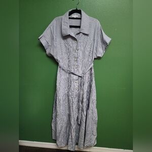 Baltic Born Striped Button Front Midi Dress Tie Waist Short Sleeve Size L